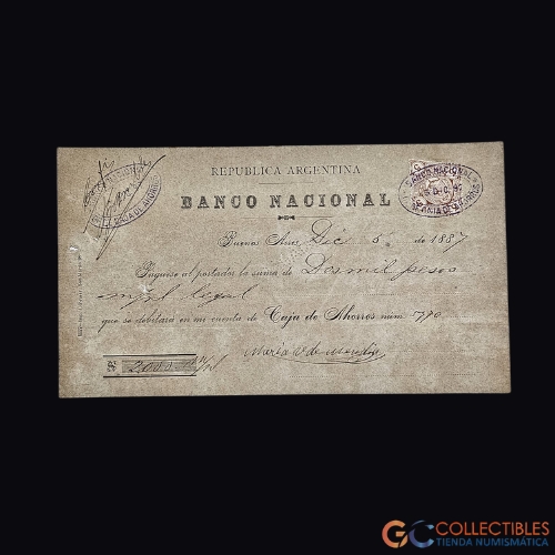 Lote 1046 – América/Argentina – Cheque Banco Nacional - 2000 Pesos 1887 (J. Pauserr)