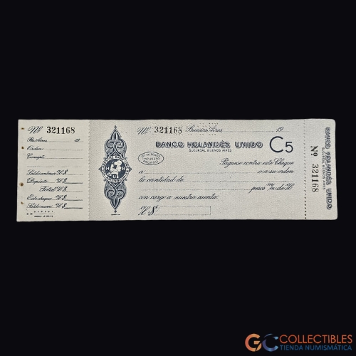 Lote 1047 - América/Argentina - Cheque en blanco Banco Holandés Unido n.º 321168
