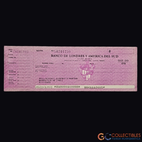 Lote 1048 - América/Argentina - Cheque en blanco Banco de Londres y América del Sud, Sucursal Belgrano