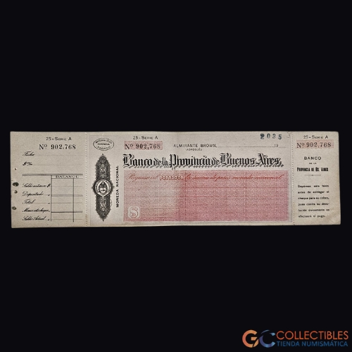 Lote 1049 - América/Argentina - Cheque en blanco Banco Provincia de Buenos Aires (Sucursal Adrogué, década del 40)