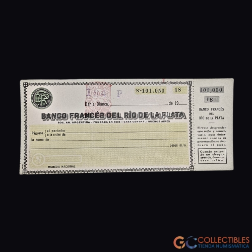 Lote 1050 - América/Argentina - Cheque en blanco Banco Francés del Río de la Plata - Sucursal Bahía Blanca