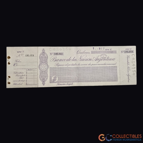 Lote 1051 - América/Argentina - Cheque en blanco Banco de la Nación Argentina (Sucursal Quilmes)