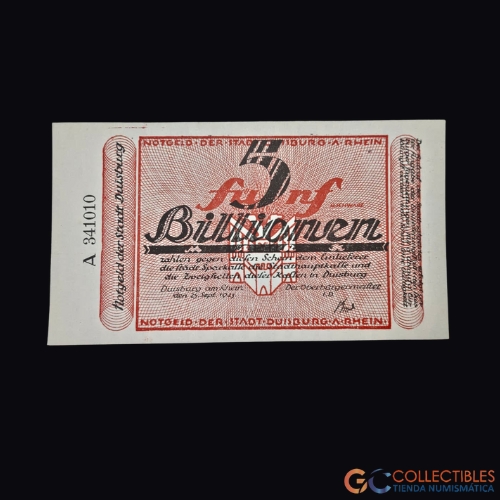 Lote 1061 – Europa/Alemania – Ciudad de Duisburg 5 Billones de Marcos 1923 (Notgeld)
