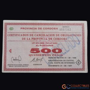 Lote 1090 - América/Argentina (Provincia de Córdoba) - 500 Pesos ca. 1985 (cancelado)