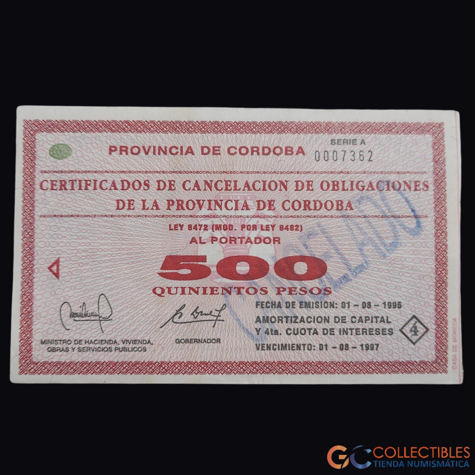 Lote 1090 - América/Argentina (Provincia de Córdoba) - 500 Pesos ca. 1985 (cancelado)