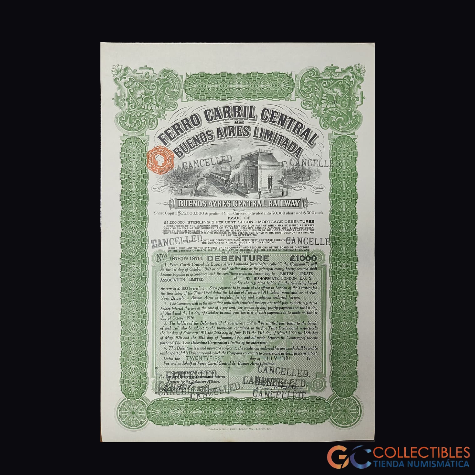 Lote 1094 - América del Sur/Argentina - Acción Ferrocarril Central de Buenos Aires Limitada – Debenture 1911