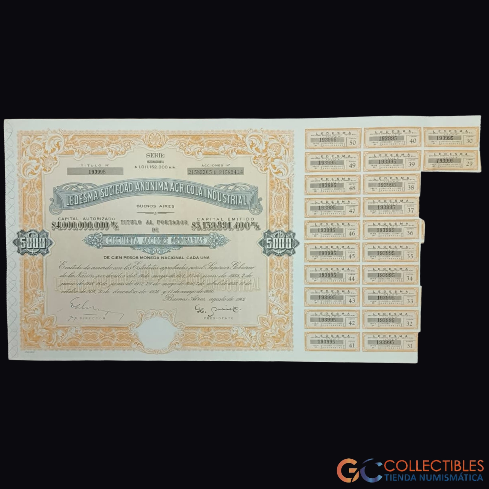 Lote 1100 - América del Sur/Argentina - Acción Ledesma S.A.A.I. – Serie N° 133955 – 1963