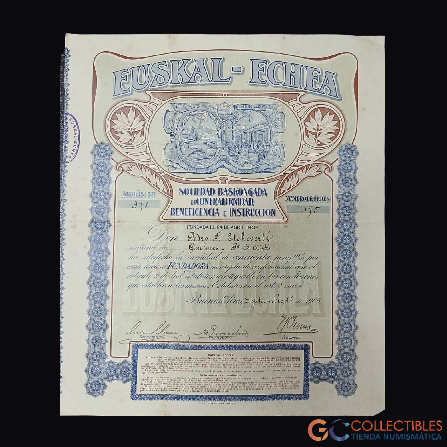 Lote 1101 - América del Sur/Argentina - Acción Euskal-Echea – Sociedad Baskongada – 1915
