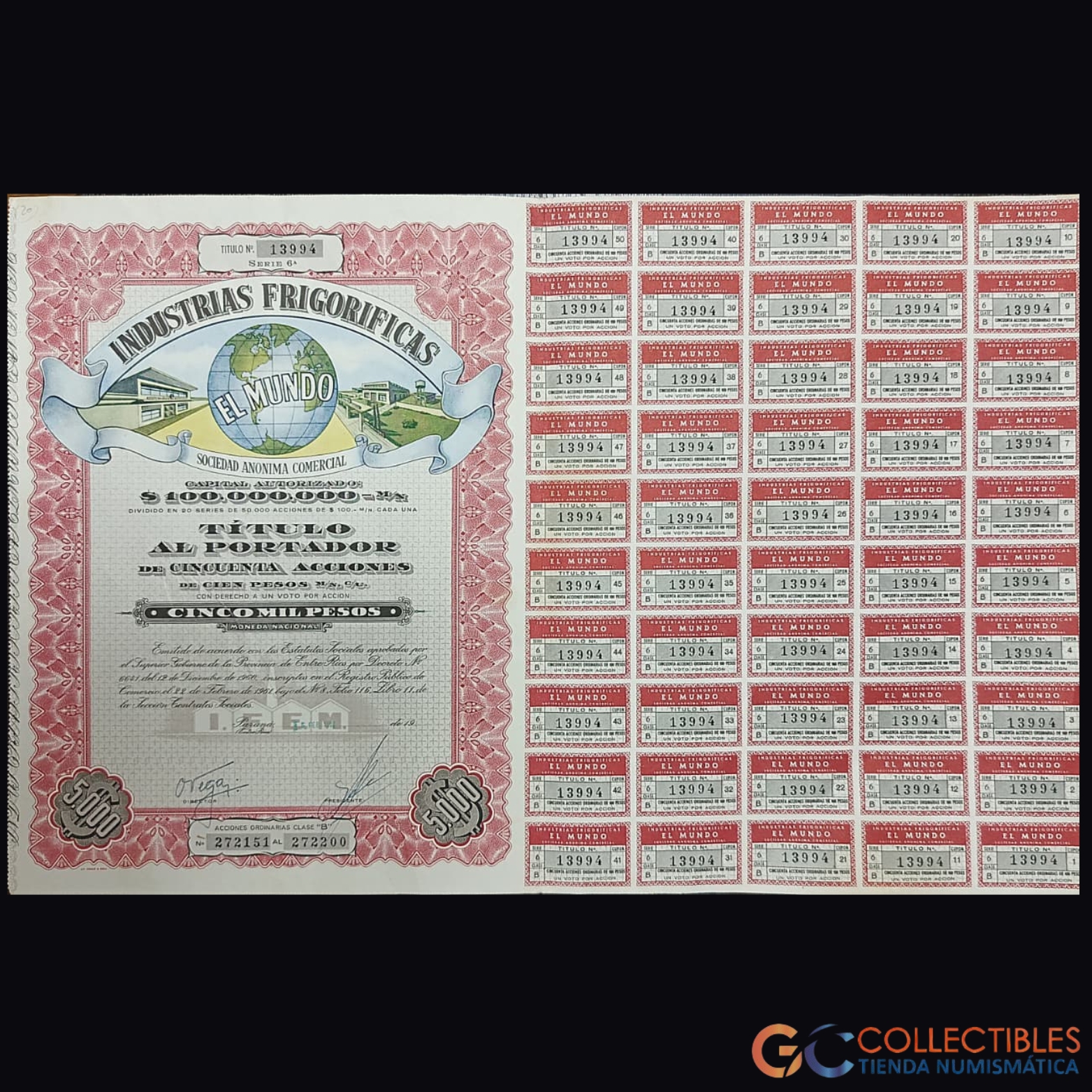 Lote 1102 - América del Sur/Argentina - Acción Industrias Frigoríficas El Mundo – ca. 1954