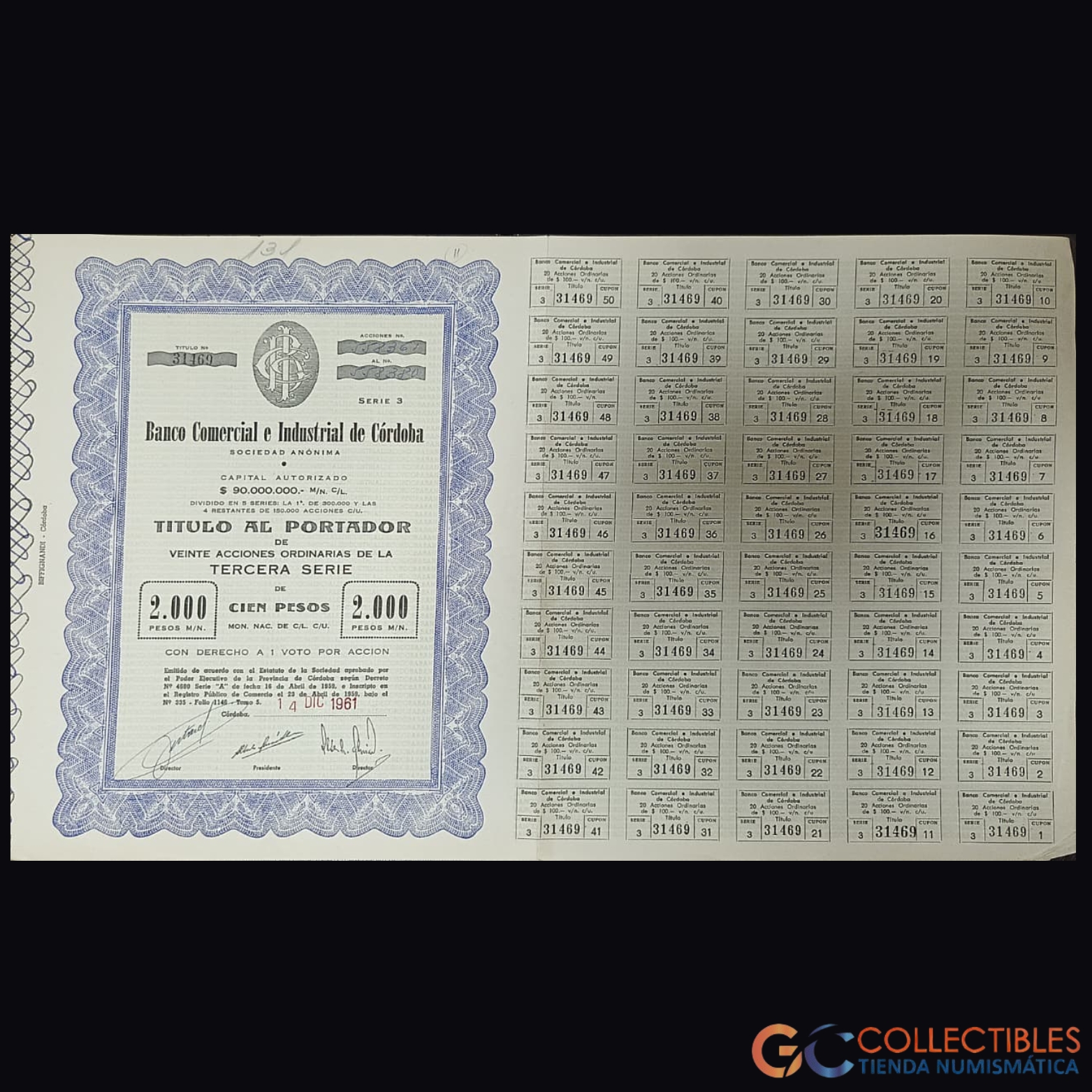 Lote 1103 - América del Sur/Argentina - Acción Banco Comercial e Industrial de Córdoba – 1961