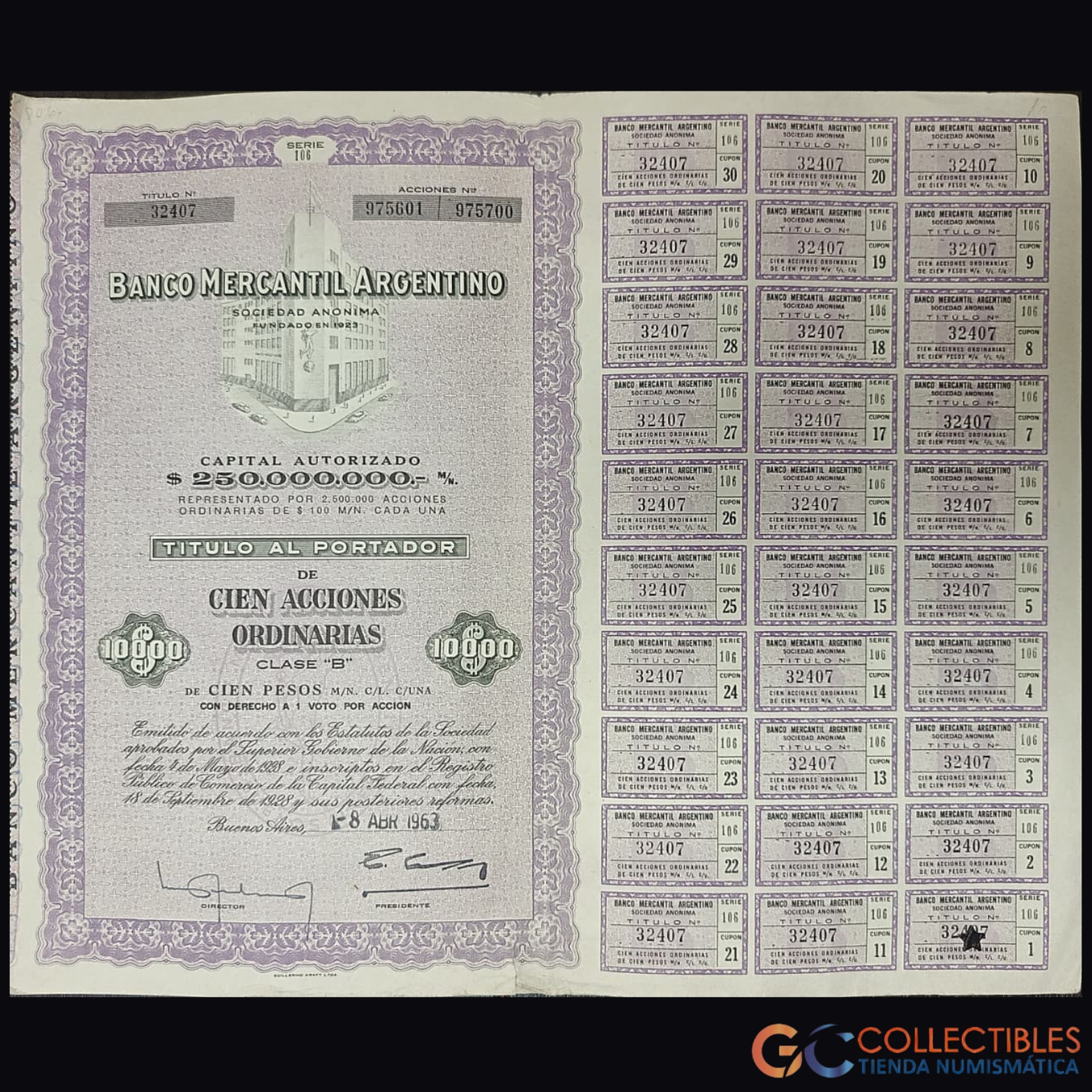 Lote 1105 - América del Sur/Argentina - Acción Banco Mercantil Argentino S.A. – 1963