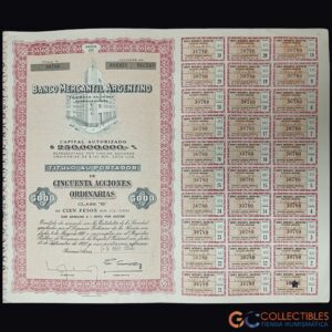 Lote 1106 - América/Argentina - Banco Mercantil Argentino – Título de 50 Acciones Ordinarias – 1958