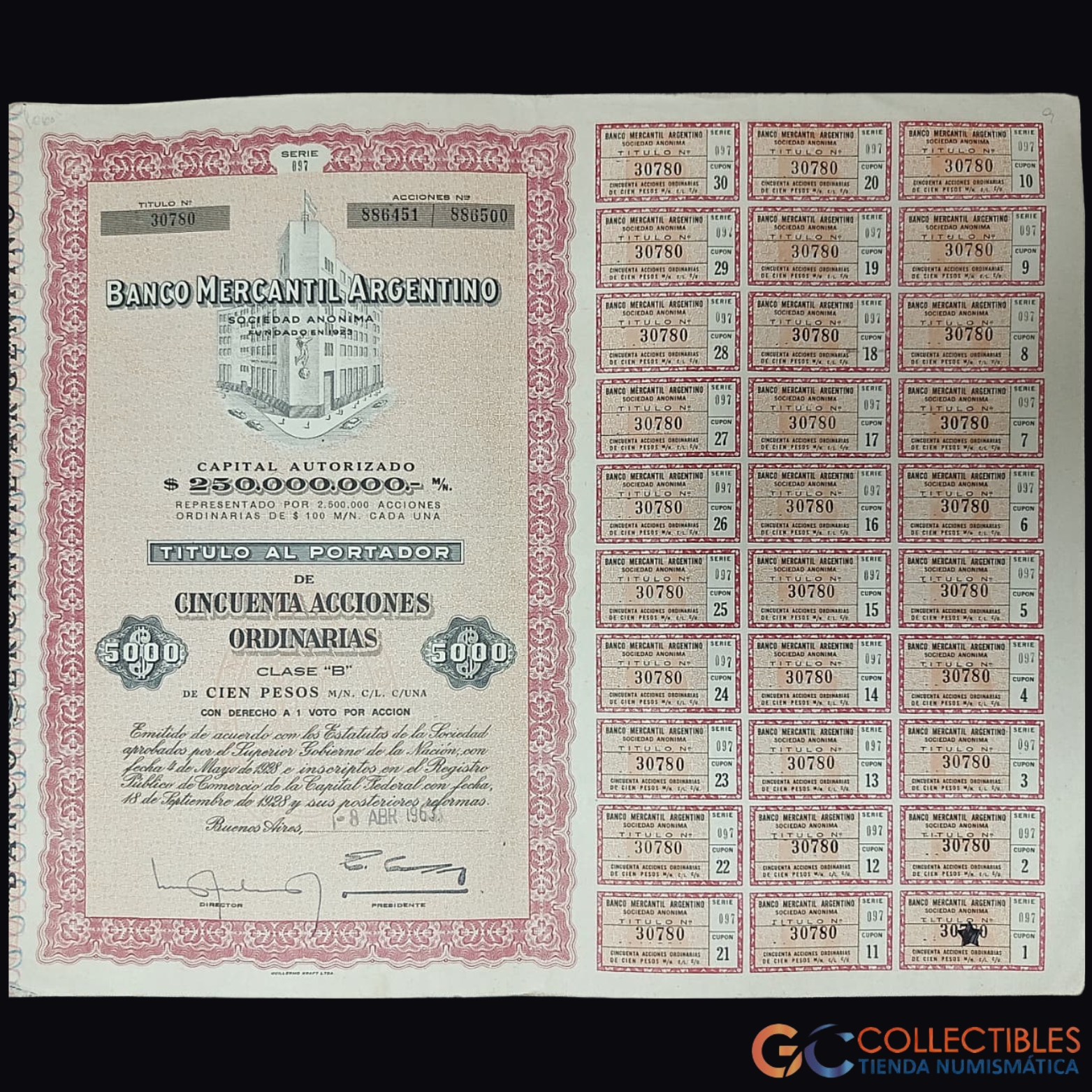 Lote 1106 - América/Argentina - Banco Mercantil Argentino – Título de 50 Acciones Ordinarias – 1958