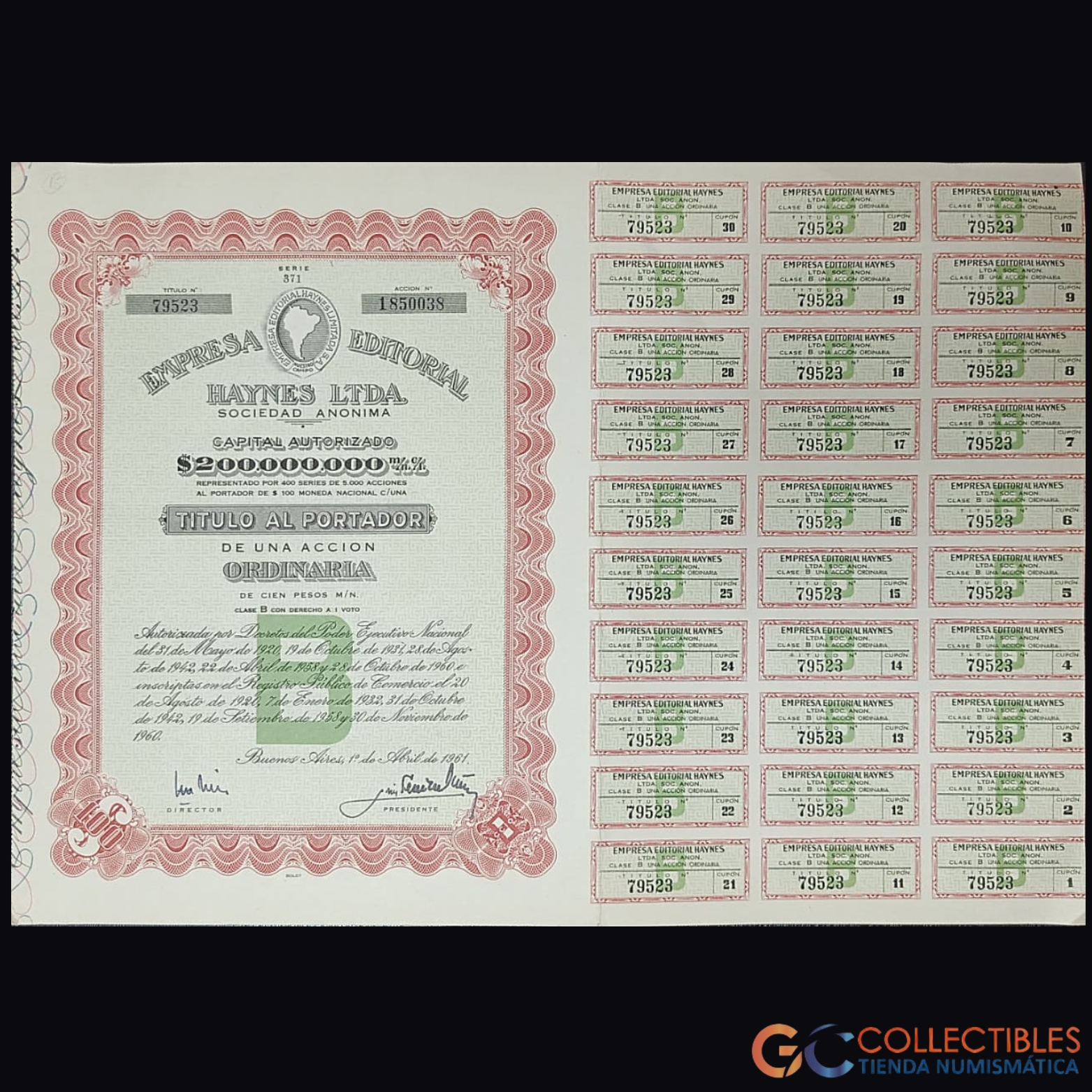 Lote 1108 - América/Argentina - Empresa Editorial Haynes Ltda. – 1 Acción Ordinaria de 100 Pesos M/N – 1962