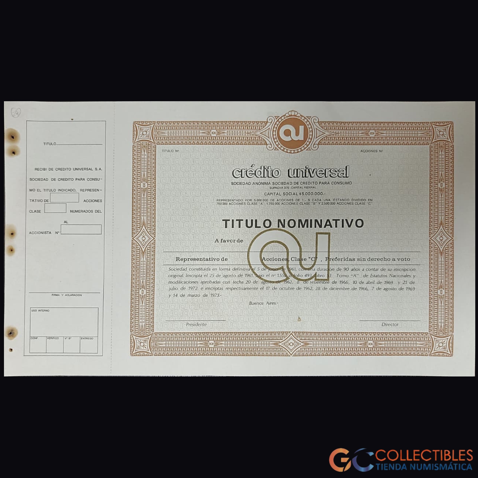 Lote 1109 - América/Argentina - Crédito Universal S.A. – Título Nominativo de Acciones Preferidas Clase “C” – ca. 1970