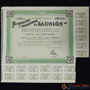 Lote 1110 - América/Argentina - Fundición y Talleres “La Unión” S.A. – Título al Portador de 5 Acciones – 1951