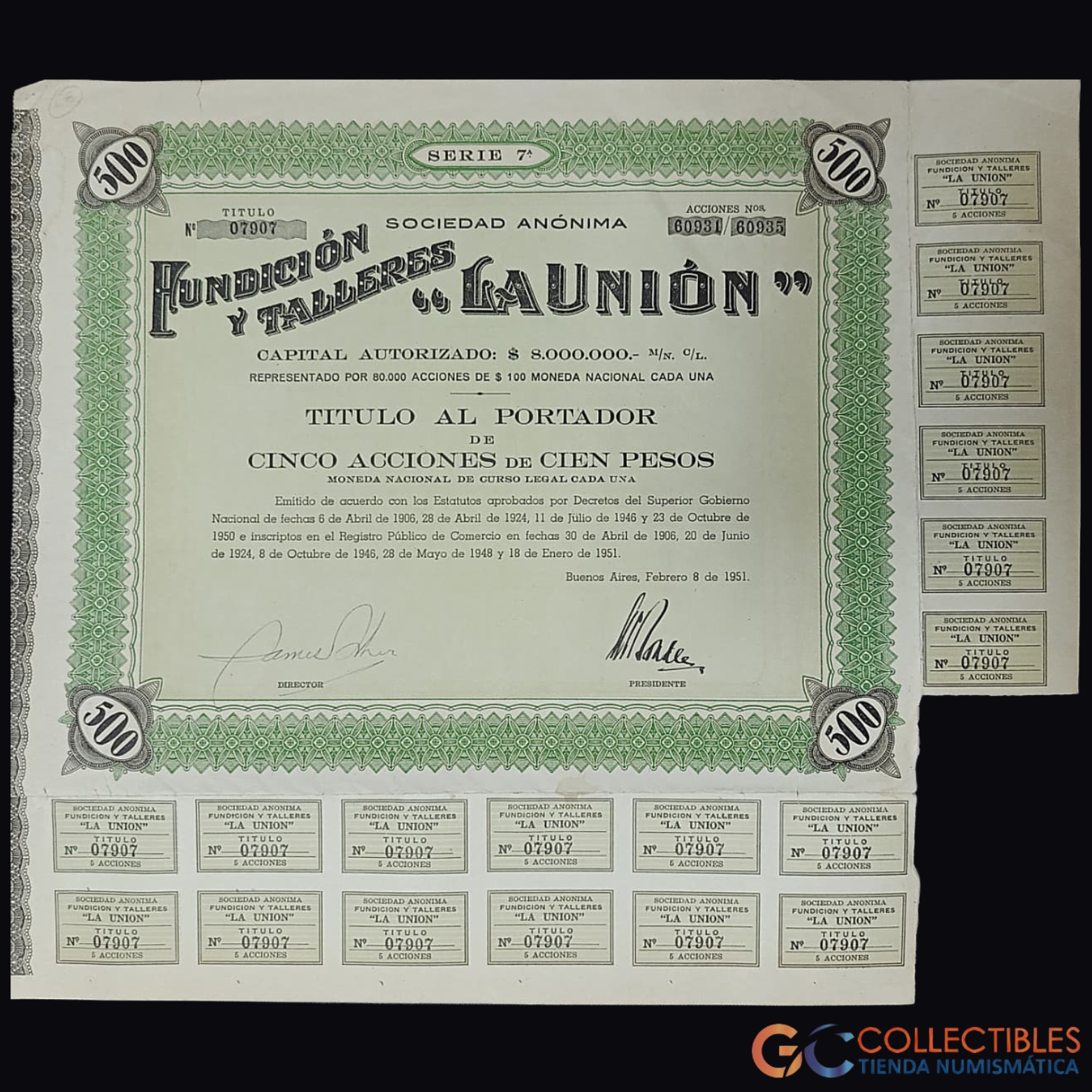 Lote 1110 - América/Argentina - Fundición y Talleres “La Unión” S.A. – Título al Portador de 5 Acciones – 1951