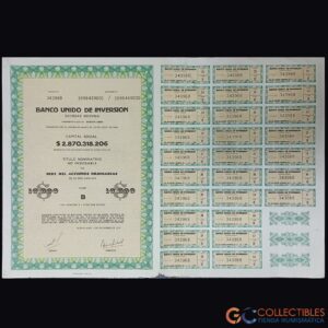 Lote 1111 - América/Argentina - Banco Unido de Inversión S.A. – Título Nominativo No Endosable de 10.000 Acciones Ordinarias – 1976