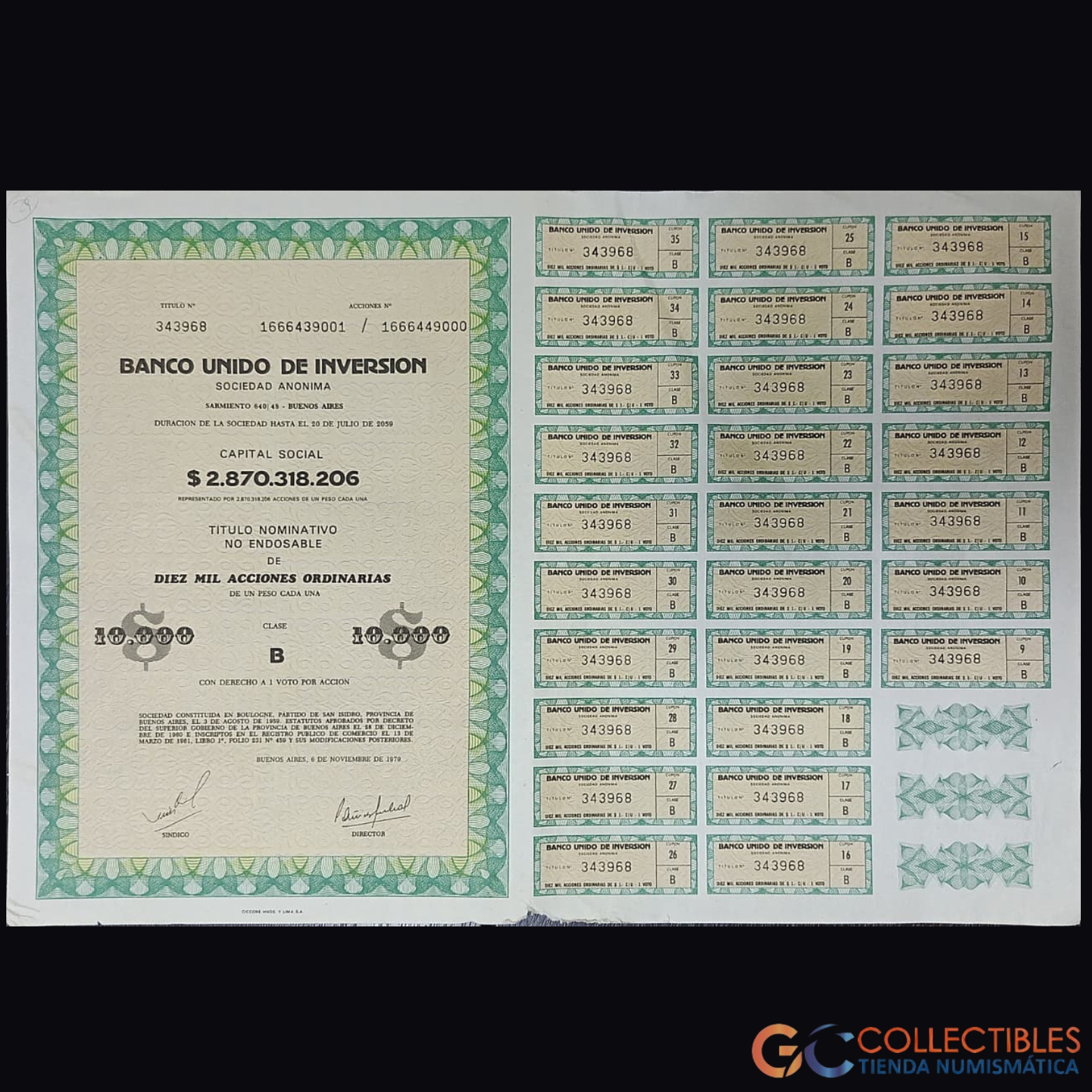 Lote 1111 - América/Argentina - Banco Unido de Inversión S.A. – Título Nominativo No Endosable de 10.000 Acciones Ordinarias – 1976