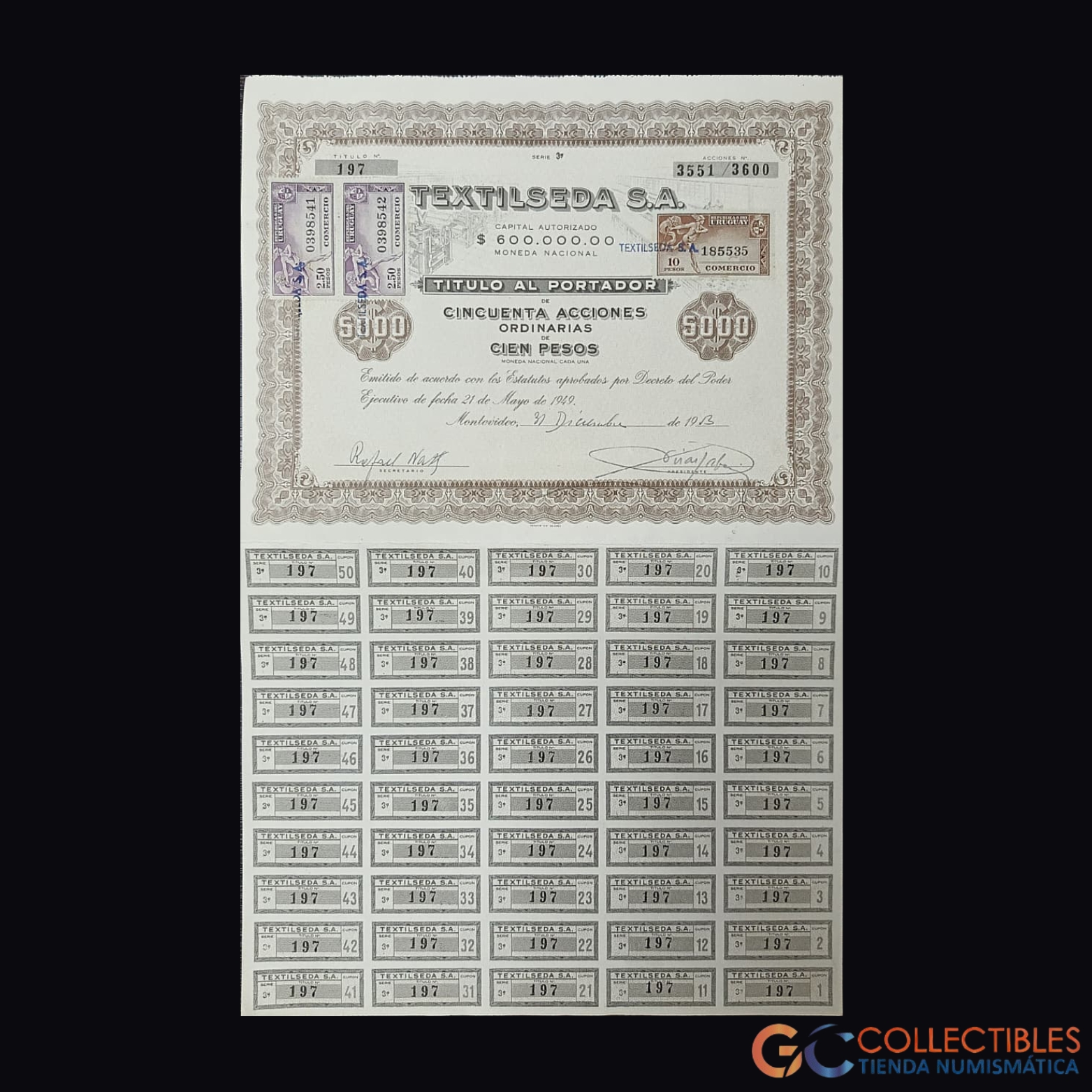 Lote 1112 - América/Argentina - Textilseda S.A. – Título al Portador de 50 Acciones Ordinarias – 1963