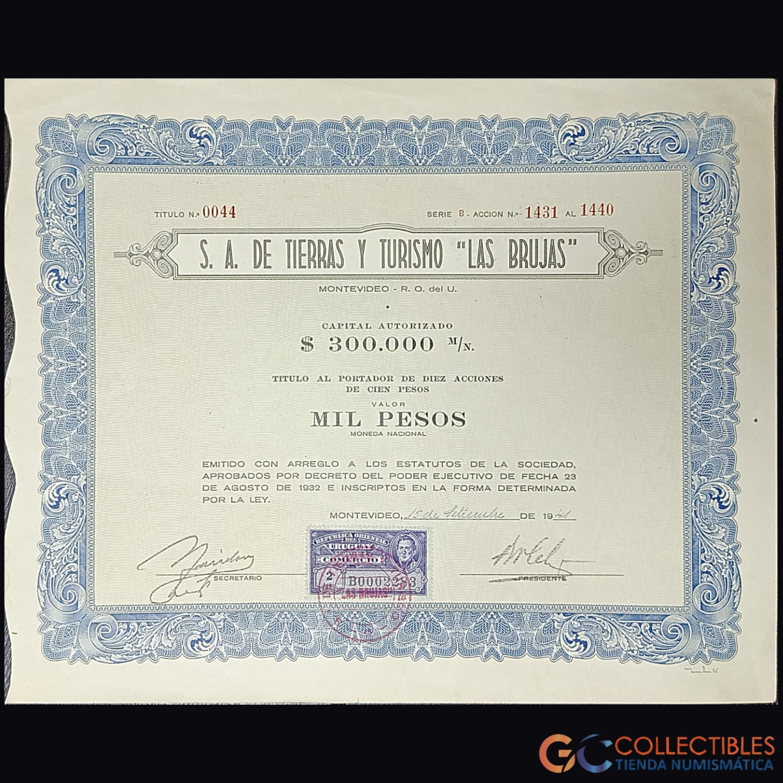 Lote 1113 - América – Uruguay S.A. de Tierras y Turismo “Las Brujas” – Título al Portador de 10 Acciones de 100 Pesos – década de 1940