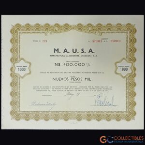 Lote 1114 -América – Uruguay M.A.U.S.A. (Manufactura Algodonera Uruguaya S.A.) – Título al Portador de 10.000 Acciones de Nuevos Pesos 0,10 c/u – mayo de 1979