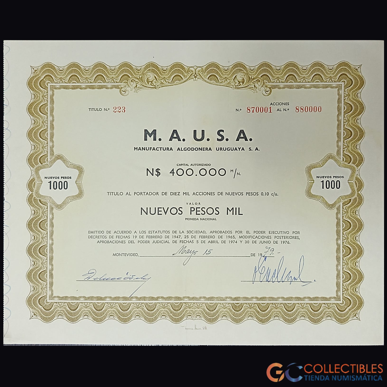 Lote 1114 -América – Uruguay M.A.U.S.A. (Manufactura Algodonera Uruguaya S.A.) – Título al Portador de 10.000 Acciones de Nuevos Pesos 0,10 c/u – mayo de 1979
