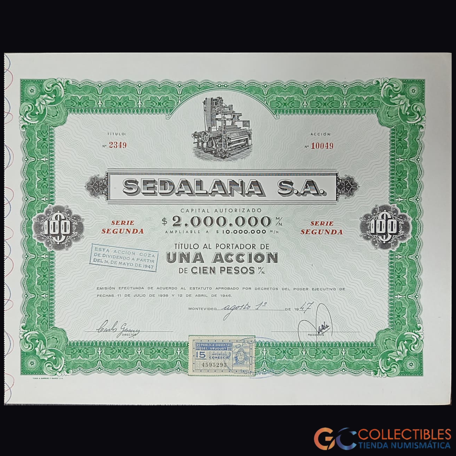 Lote 1115 - América – Uruguay Sedalana S.A. – Título al Portador de 1 Acción de 100 Pesos – agosto de 1947