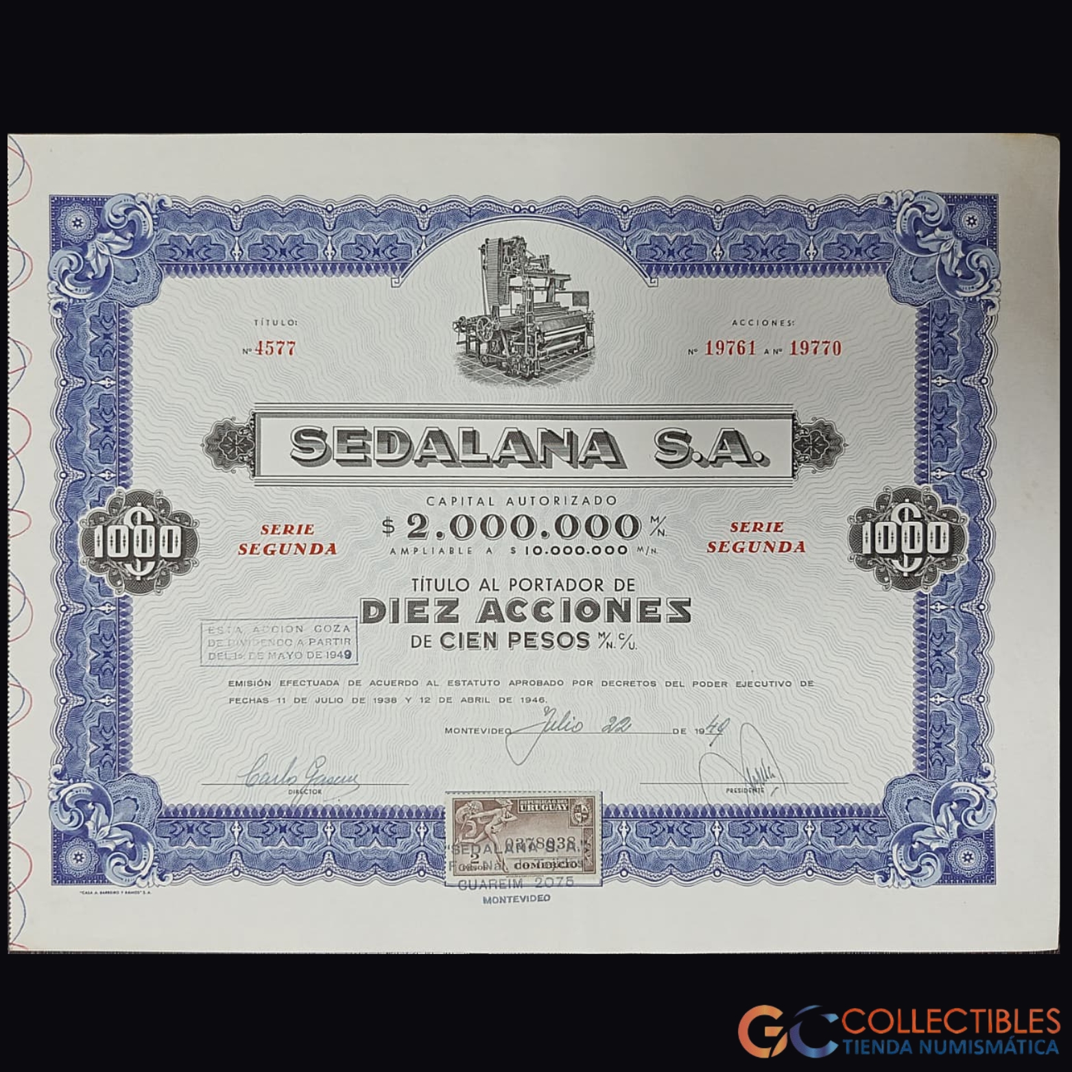 Lote 1116 - América – Uruguay Sedalana S.A. – Título al Portador de 10 Acciones de 100 Pesos – julio de 1949
