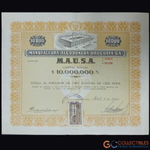 Lote 1117 -América – Uruguay M.A.U.S.A. (Manufactura Algodonera Uruguaya S.A.) – Título al Portador de 100 Acciones de 100 Pesos – 5 de abril de 1962