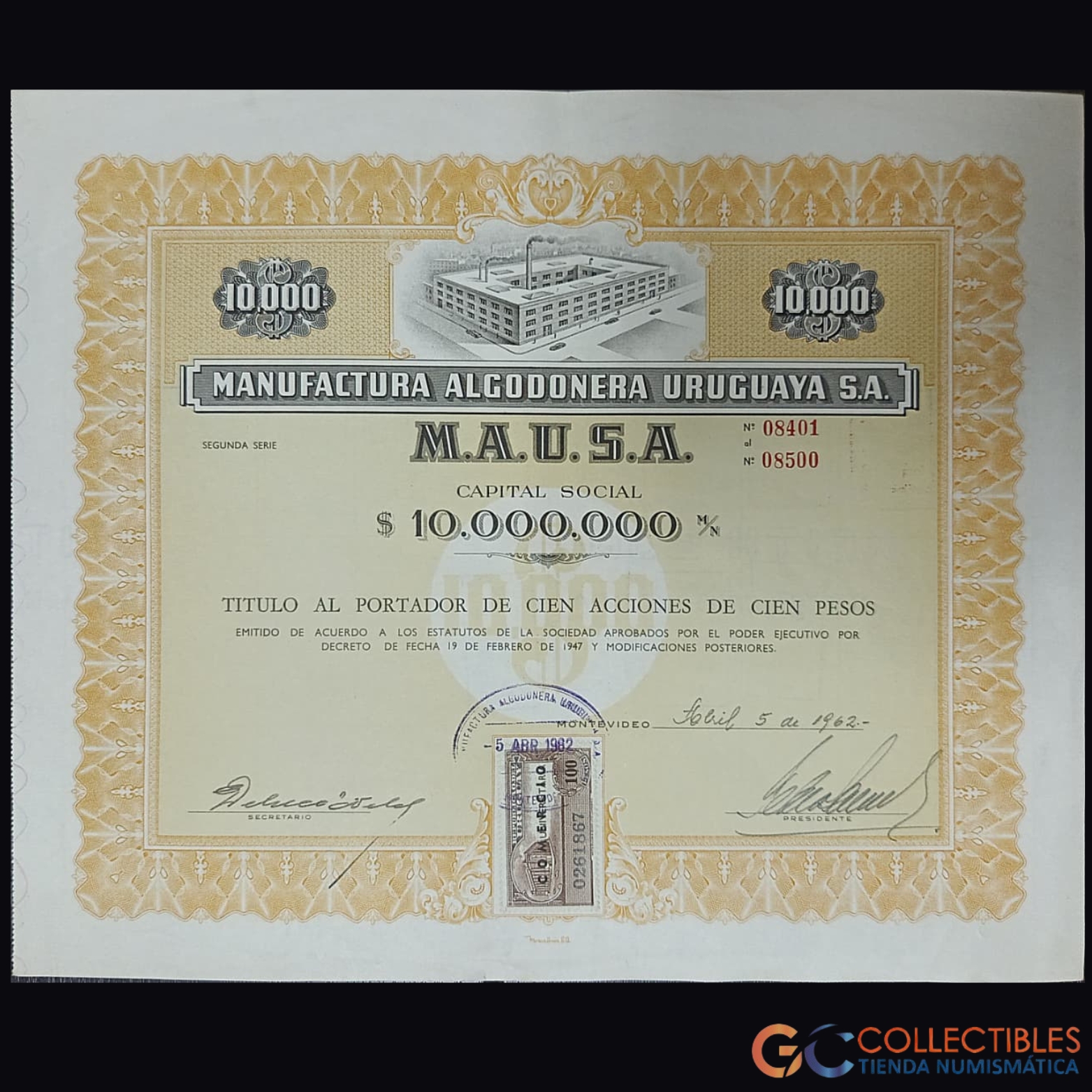 Lote 1117 -América – Uruguay M.A.U.S.A. (Manufactura Algodonera Uruguaya S.A.) – Título al Portador de 100 Acciones de 100 Pesos – 5 de abril de 1962