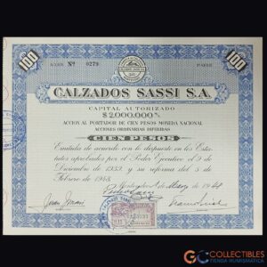 Lote 1118 - América – Uruguay Calzados Sassi S.A. – Acción al Portador de 100 Pesos – marzo de 1948