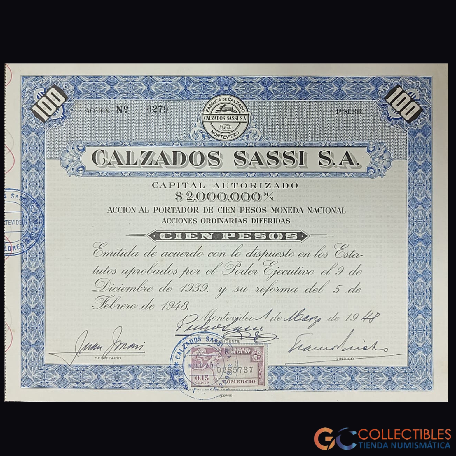 Lote 1118 - América – Uruguay Calzados Sassi S.A. – Acción al Portador de 100 Pesos – marzo de 1948