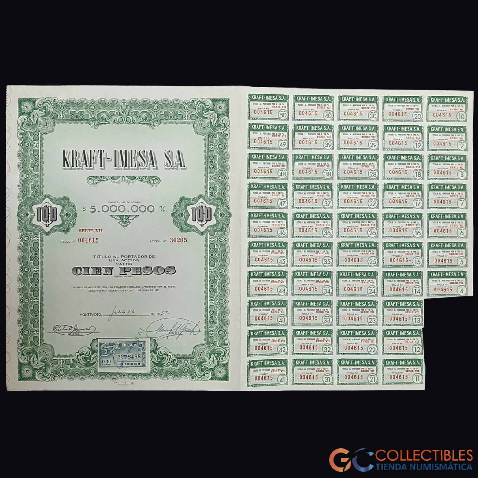 Lote 1119 - América – Uruguay Kraft-Imesa S.A. – Título al Portador de 1 Acción de 100 Pesos – diciembre de 1952