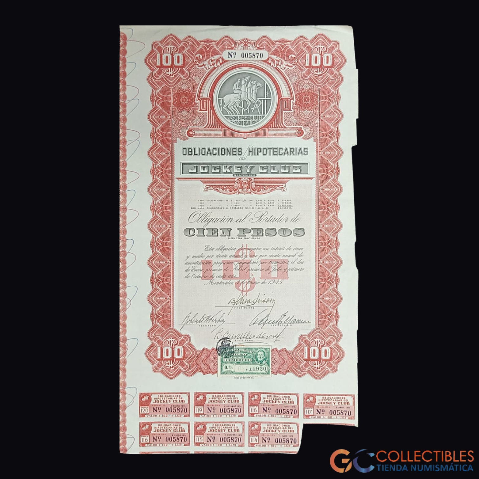 Lote 1120 - América – Uruguay Jockey Club – Obligación Hipotecaria al Portador de 100 Pesos – noviembre de 1943