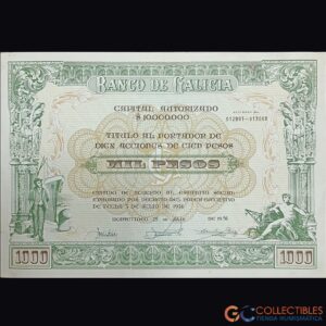 Lote 1121 - América – Uruguay Banco de Galicia – Título al Portador de 10 Acciones de 100 Pesos – julio de 1956