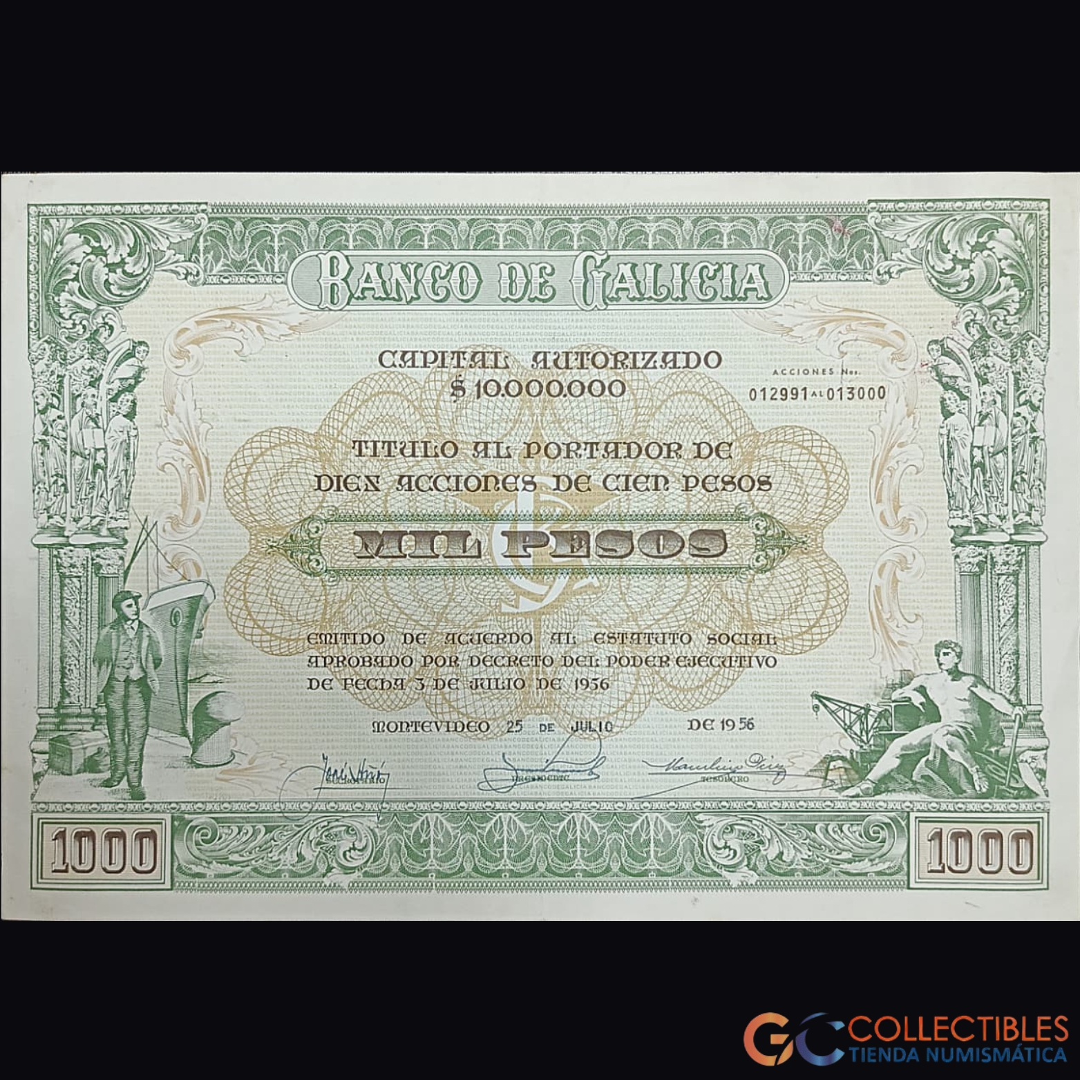 Lote 1121 - América – Uruguay Banco de Galicia – Título al Portador de 10 Acciones de 100 Pesos – julio de 1956