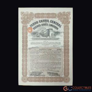Lote 1122 - América – Argentina Ferrocarril Central de Buenos Aires Ltda. – Debenture de £100 – ca. 1920