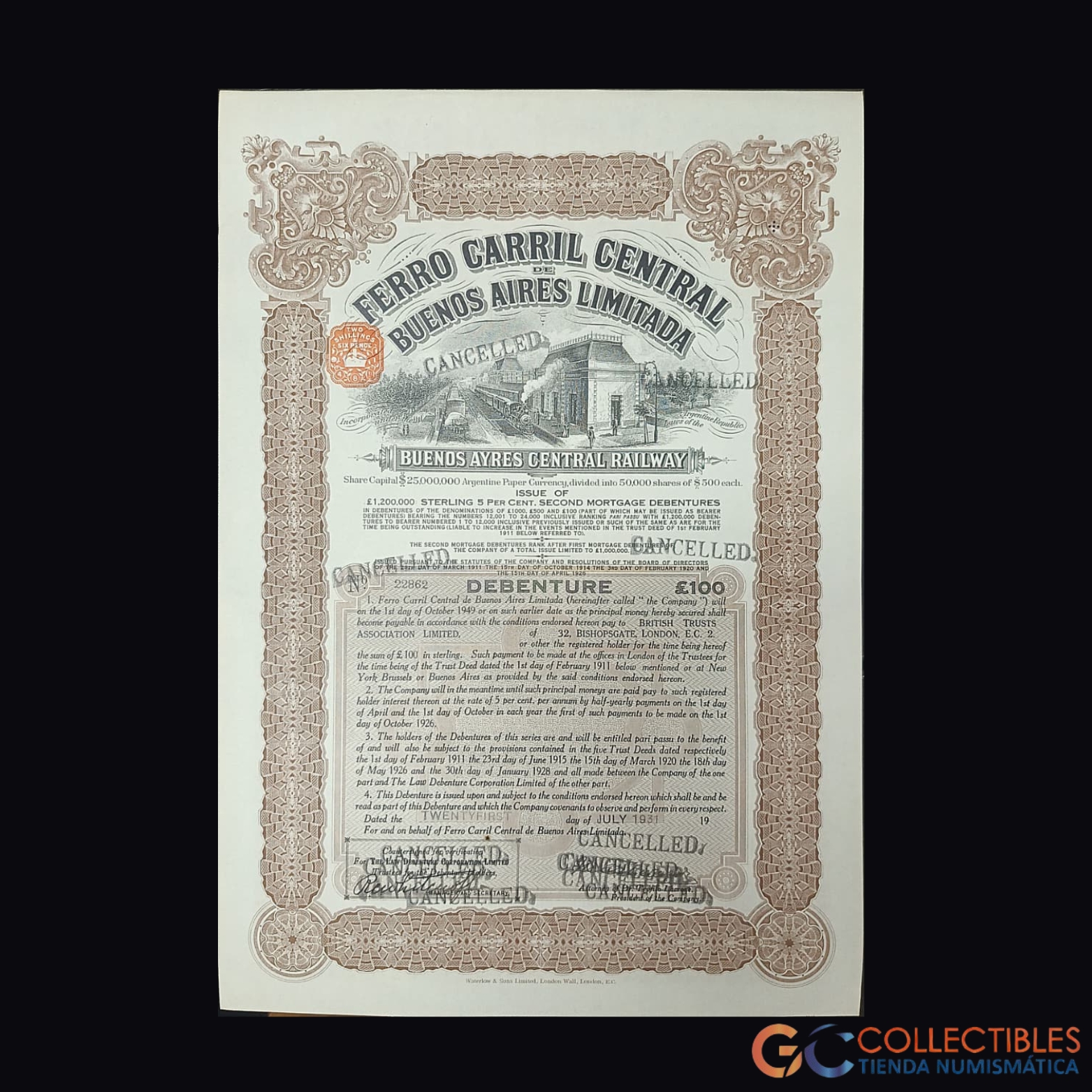 Lote 1122 - América – Argentina Ferrocarril Central de Buenos Aires Ltda. – Debenture de £100 – ca. 1920