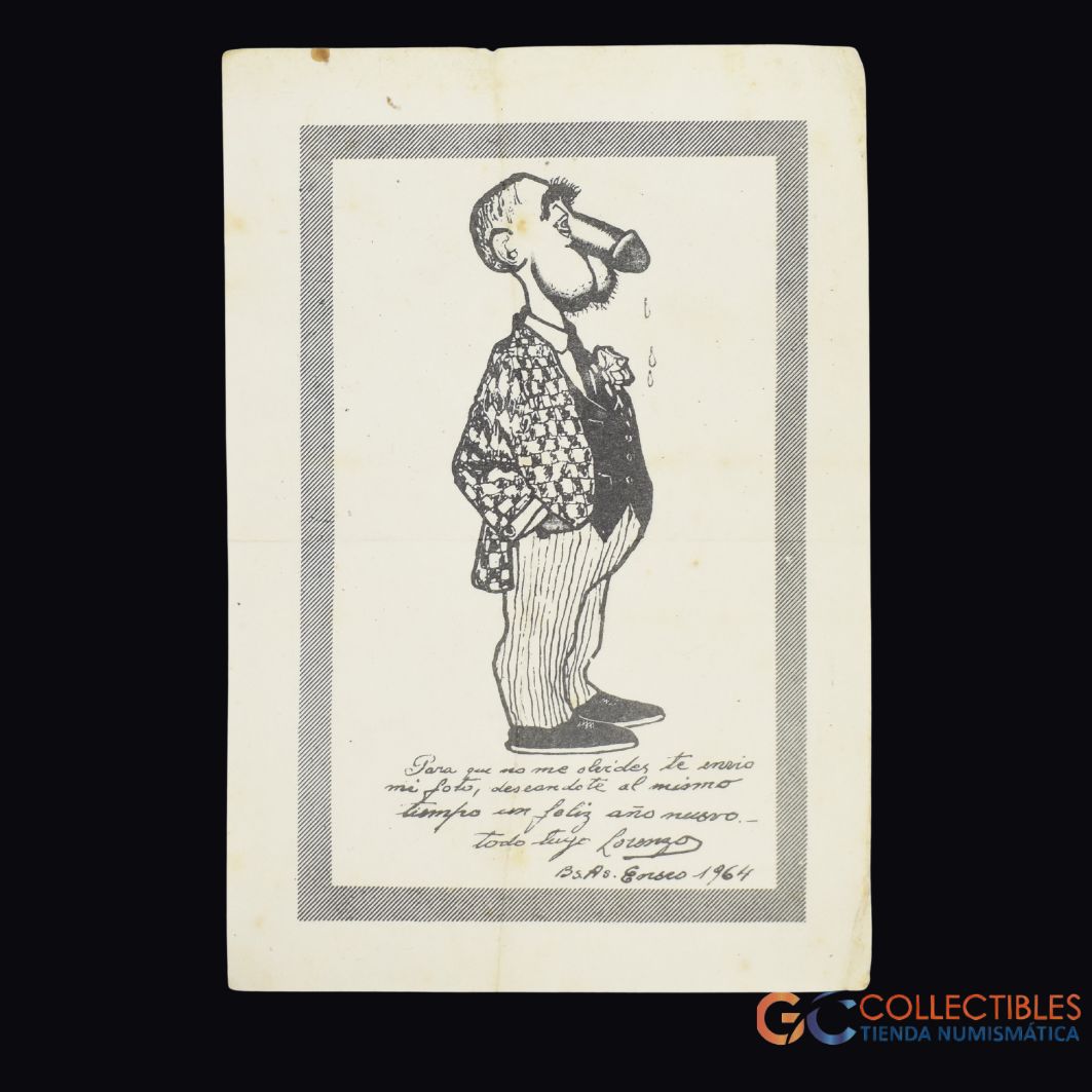 Lote 3017 - Caricatura humorística masculina con dedicatoria manuscrita fechada “B.S. As. Enero 1961