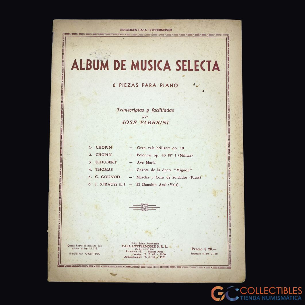 Lote 3033-Álbum de partituras “Álbum de Música Selecta – 6 piezas para piano”, editado por Casa Lottermoser S.R.L.