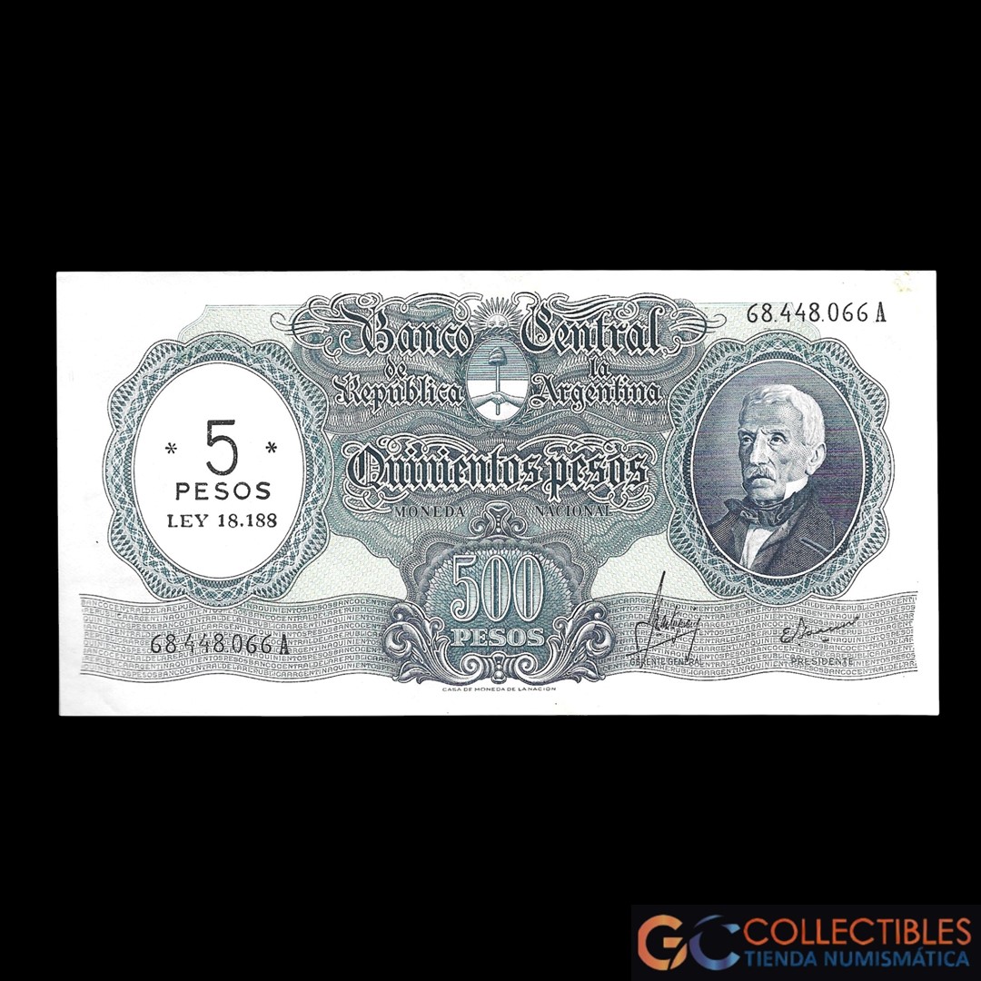 Lote 1016 - Argentina 500 Pesos Resellados a 5 Pesos 1969 Col-553a