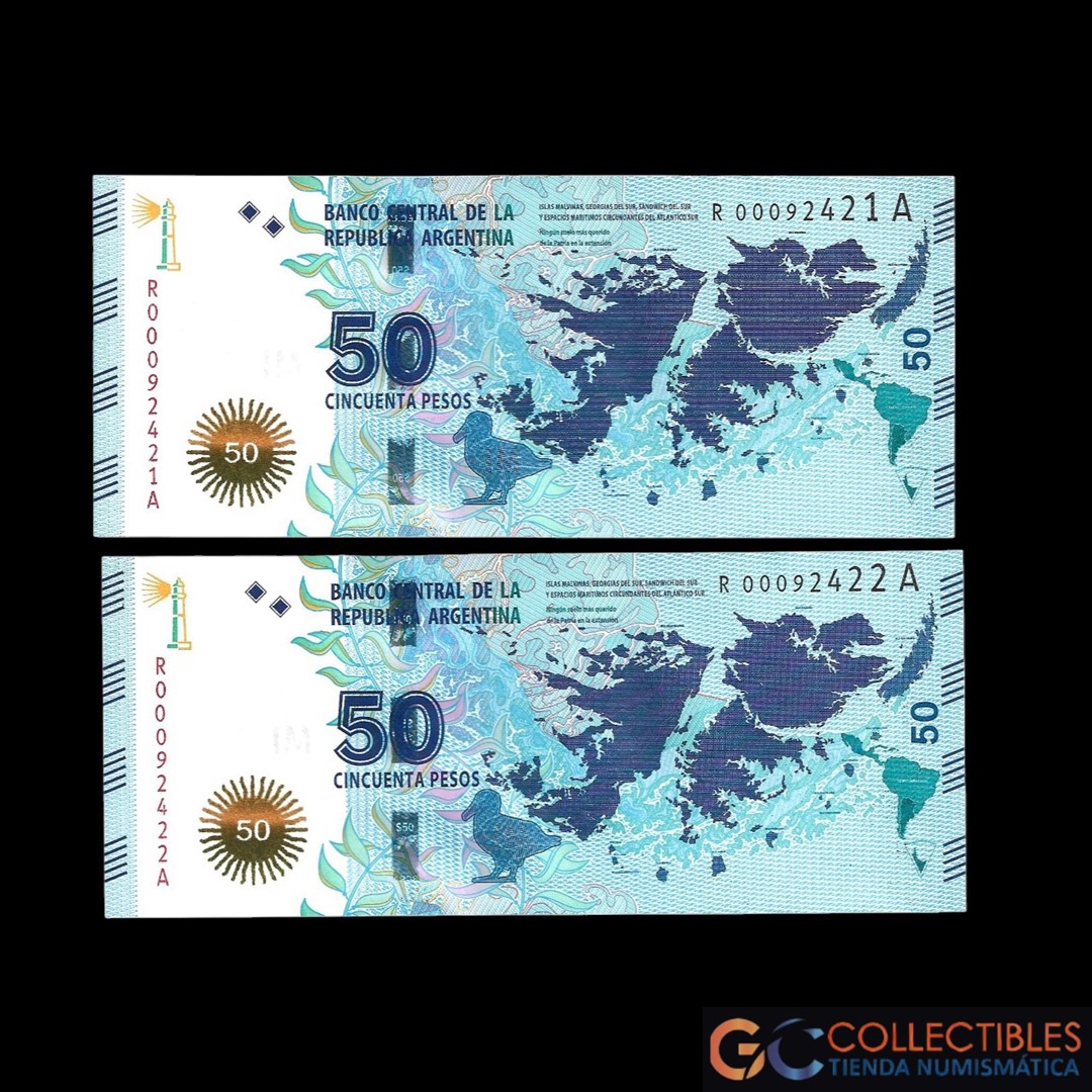 Lote 1029 - Argentina 50 Pesos 2015 Lote x 2 Correlativos Vanoli - Dominguez Col-815R