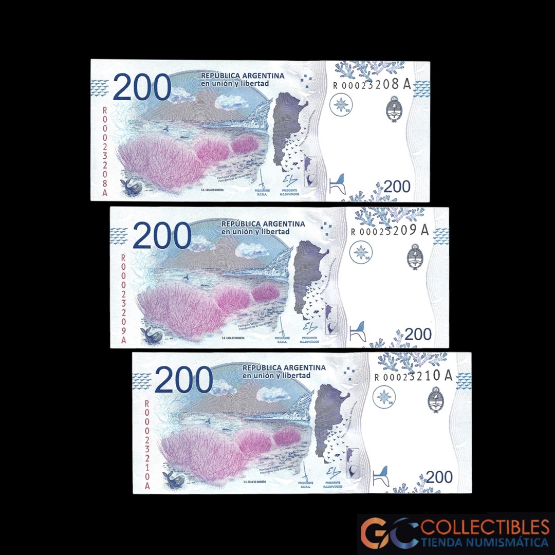 Lote 1031 - Argentina 200 Pesos 2016/18 Lote x 3 Correlativos Sturzenegger - Monzon Col-827R