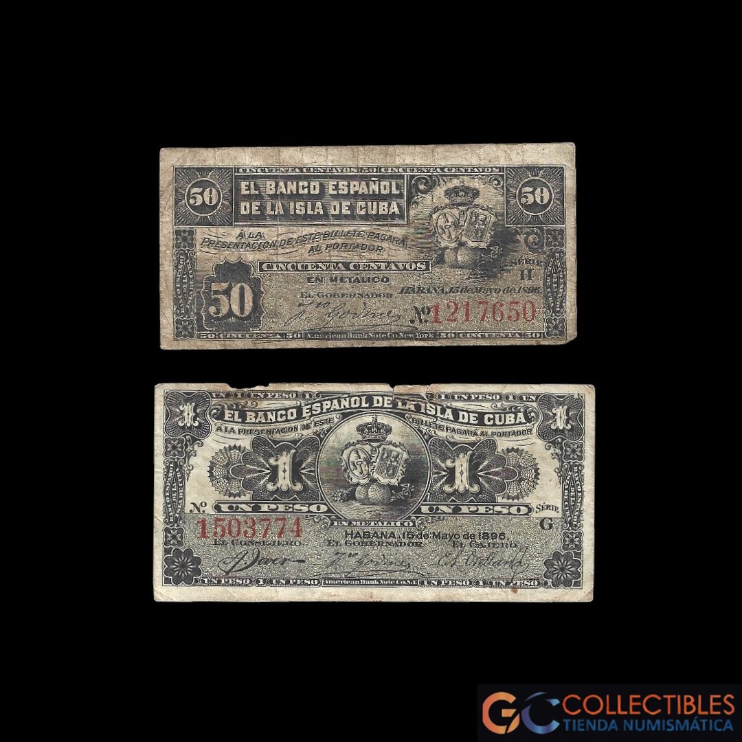 Lote 1086 - Cuba Serie Billetes x 2 - 50 Centavos y 1 Peso 1896