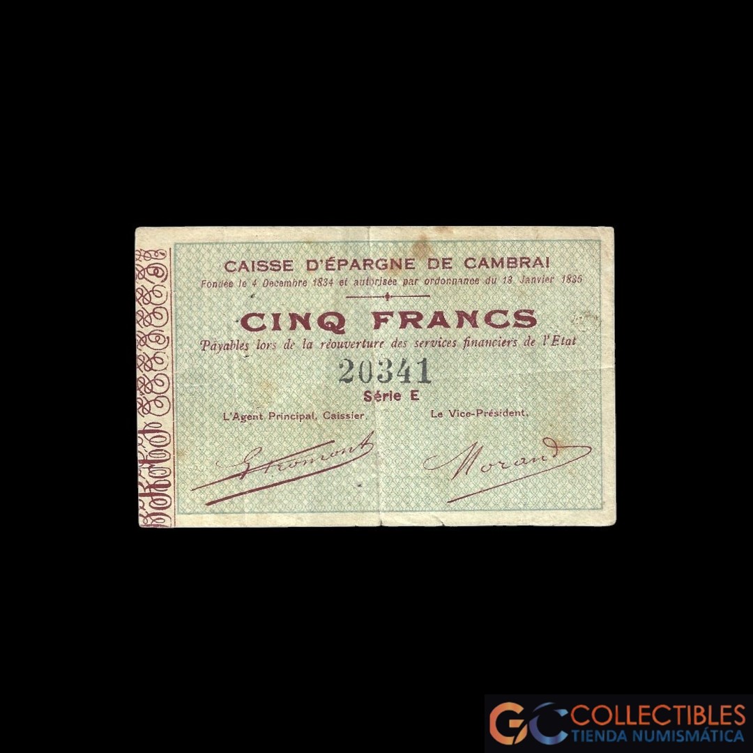 Lote 1107 - Francia (Cambrai-Caja de ahorros) 5 Francos 1914