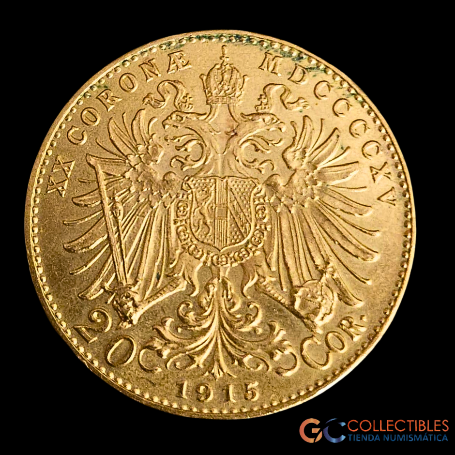 Lote 0203 - Med - Imperio Austrohúngaro – 20 Corona – 1915 – Oro 0.900, 6.775g, ø 21mm
