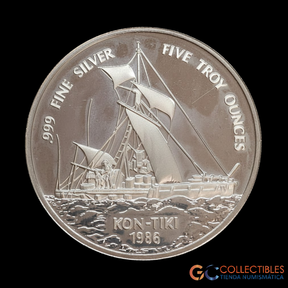 Lote 0221 - Samoa 25 Tala 1986 (5 Onzas); Embarcación “Kon-Tiki” Proof