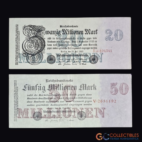 Lote 0006 - Alemania - Set x 2 billetes 20 y 50 Millonen Mark 1923