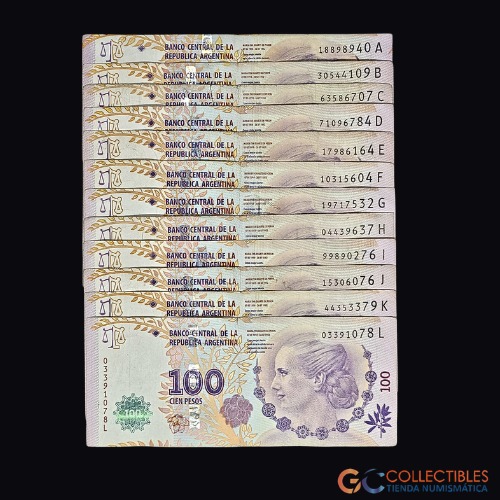 Lote 0034 - Argentina - Serie de billetes 100 Pesos Evita